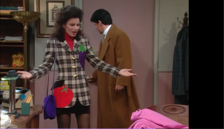 Fran Fine wearing jacket with black mini skirt