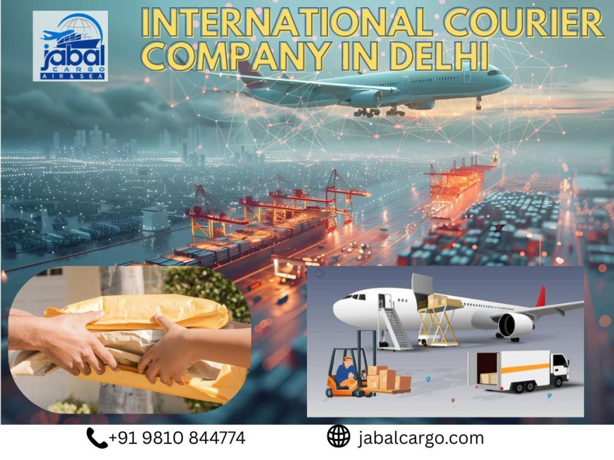 Jabal Cargo promotional banner showcasing international courier company in Delhi, featuring air and sea freight visuals, cargo ships, airplanes, package delivery, and contact details with website jabalcargo.com and phone number +91 9810 844774.