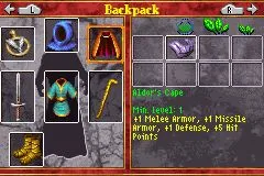 Inventory from 'Return of the King' on Gameboy Advance