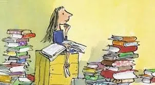 happy reading Quentin Blake illustration of Roald Dahl's Matilda and a mountain of books