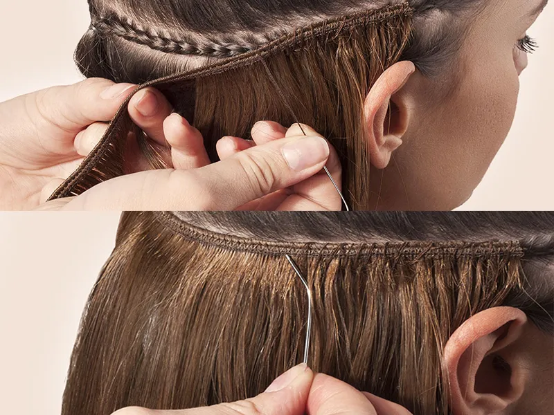 Sew-in hair extensions being installed