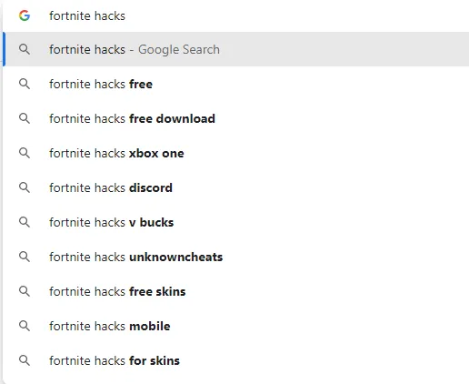 Google screenshot of fortnite hacks A Screenshot of google autocomplete highlighting fortnite hacks sites