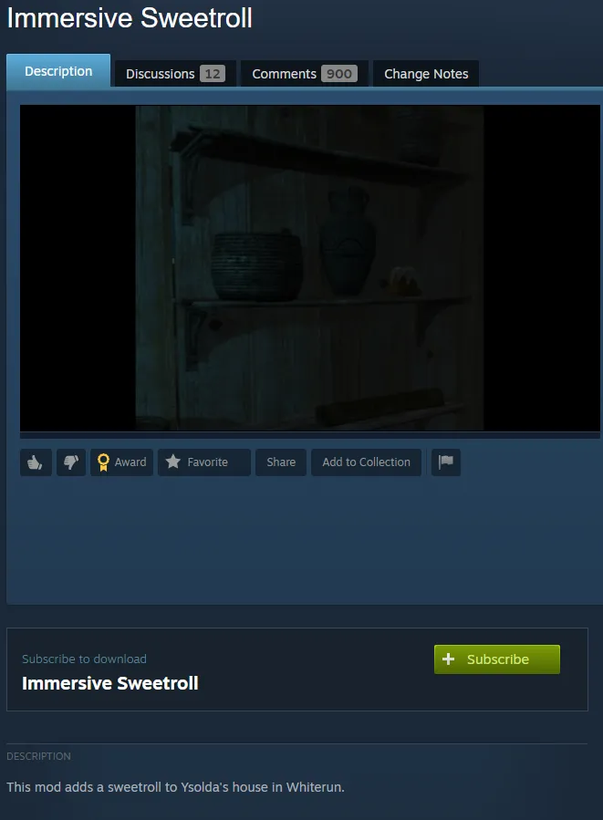 A Screenshot of the Immersive Sweetroll Mod Page