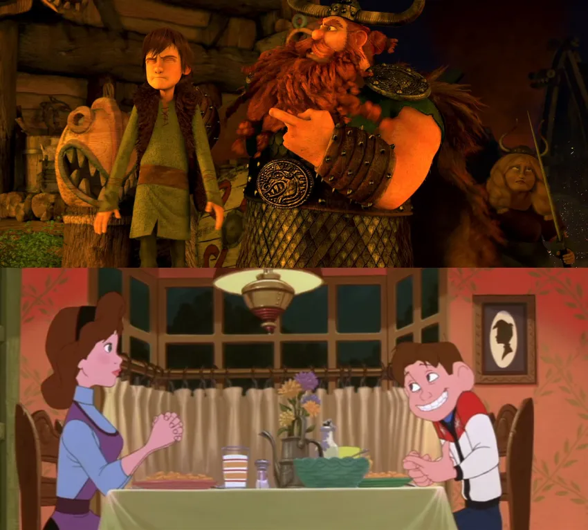 Hogarth and Annie, Hiccup and Stoick hogarth and hiccup and parents from the iron giant and how to train your dragon