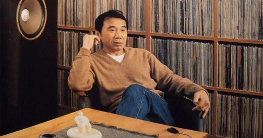Haruki Murakami Photo of Haruki Murakami in front of record collection