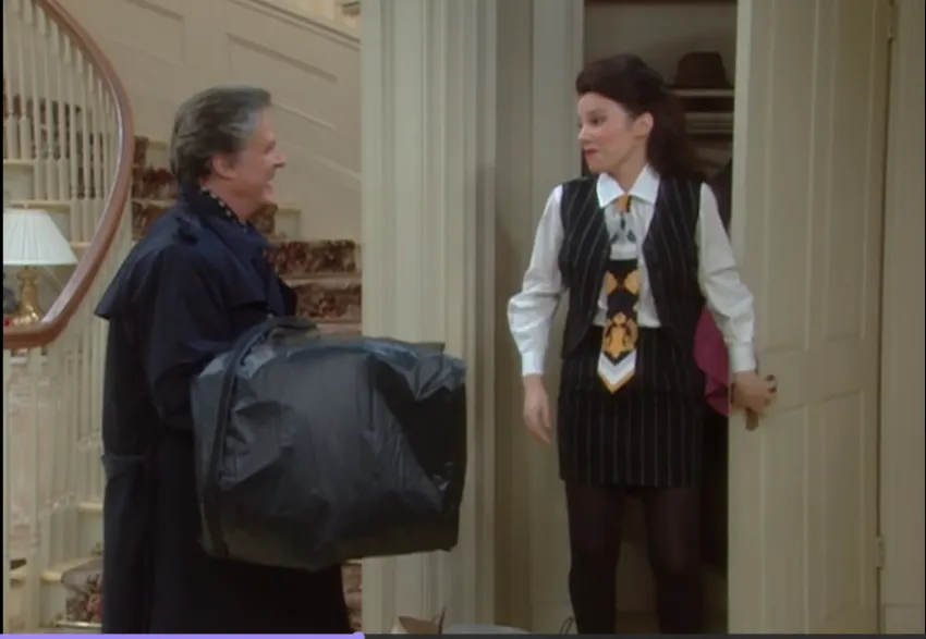 Fran Fine wearing pinstripe vest and pants
