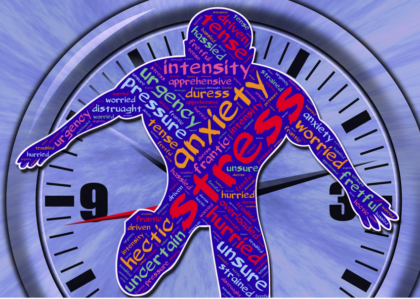 An outline of a man with words used to describe stress in front of a watch running