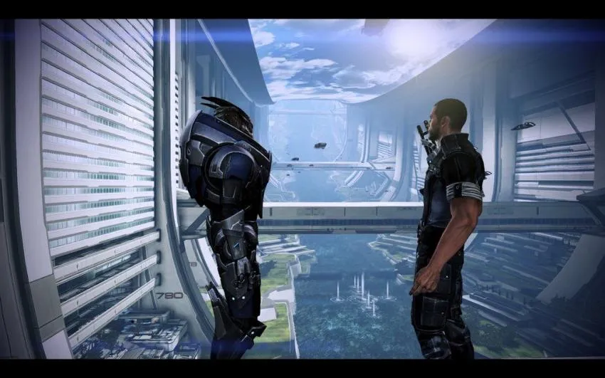 Shepard and Garrus shooting bottles on the Citadel in Mass Effect 3
