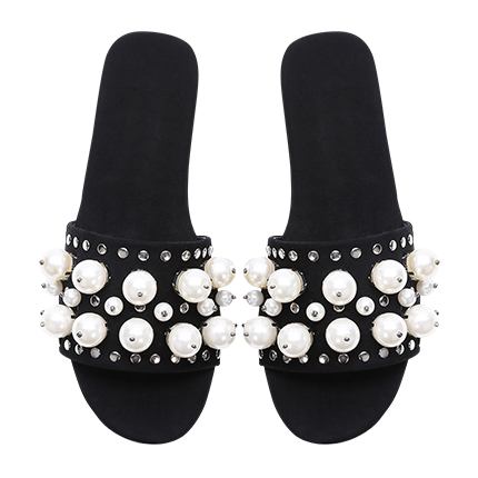 shop online Black Open Toe Faux Pearl Inlay Studded Slippers shop online Black Open Toe Faux Pearl Inlay Studded Slippers