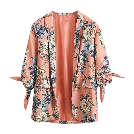 shop online Floral Print Knot Cuff Open Front Blazer shop online Floral Print Knot Cuff Open Front Blazer