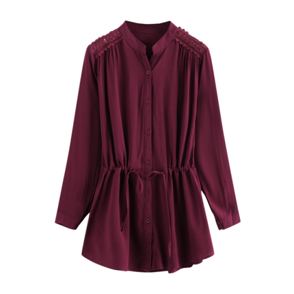 shop online Lace Insert Drawstring Waist Dip Hem Shirt shop online Lace Insert Drawstring Waist Dip Hem Shirt