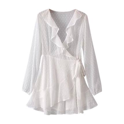 shop Ruffle Trim Spot Chiffon Wrap Dress online shop Ruffle Trim Spot Chiffon Wrap Dress online