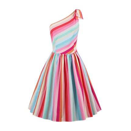 shop online Rainbow Stripe Oblique Shoulder Circle Dress shop online Rainbow Stripe Oblique Shoulder Circle Dress