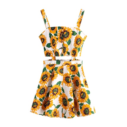 shop online Sunflower Print Random Single Breasted Cut Out Dress shop online Sunflower Print Random Single Breasted Cut Out Dress