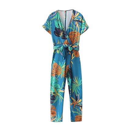 shop online Foliage Print Surplice Neckline Belted Jumpsuit shop online Foliage Print Surplice Neckline Belted Jumpsuit