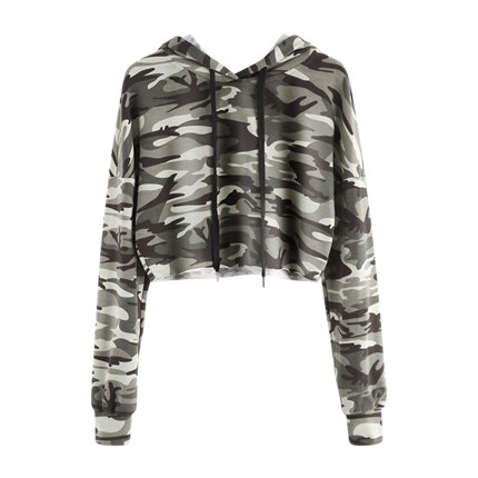 shop online Camo Print Raw Hem Crop Hoodie shop online Camo Print Raw Hem Crop Hoodie