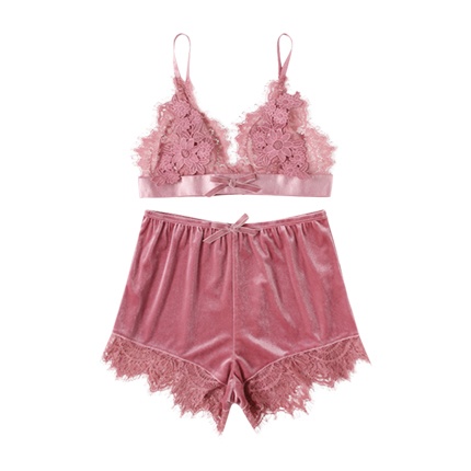 shop SHEIN Applique Detail Lace Bralette & Velvet Shorts Set online shop SHEIN Applique Detail Lace Bralette & Velvet Shorts Set online