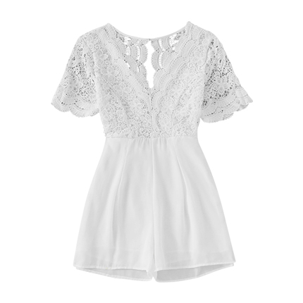shop online Lace Panel Scalloped Trim Open Back Romper shop online Lace Panel Scalloped Trim Open Back Romper