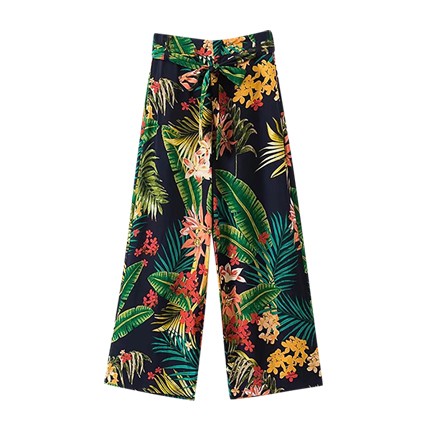 shop online Tropical Print Tie Waist Wide Leg Pants shop online Tropical Print Tie Waist Wide Leg Pants