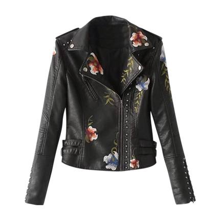 shop online Flower Embroidery Studded Detail PU Biker Jacket shop online Flower Embroidery Studded Detail PU Biker Jacket