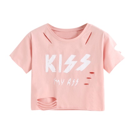 shop online Letter Print Raw Edge Ripped Tee shop online Letter Print Raw Edge Ripped Tee