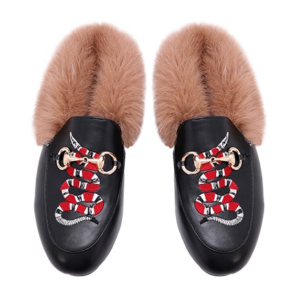 shop online Black Snake Embroidered PU Fur Trim Loafer Slippers shop online Black Snake Embroidered PU Fur Trim Loafer Slippers