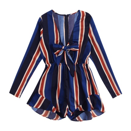 shop V-neckline Striped Bow Tie Front Frill Romper online shop V-neckline Striped Bow Tie Front Frill Romper online