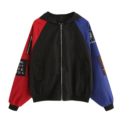 shop Contrast Sleeve Patch Detail Zip Up Jacket online shop Contrast Sleeve Patch Detail Zip Up Jacket online