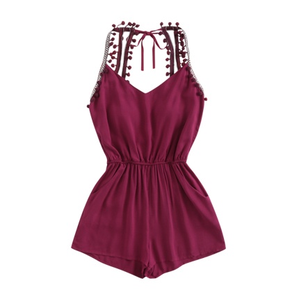shop online Embroidered Taped Pompom Trim Open Back Romper shop online Embroidered Taped Pompom Trim Open Back Romper