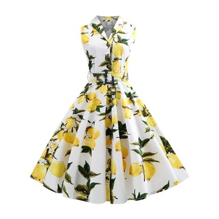 shop Fruit Print Single Breasted Belted Flare Dress online shop Fruit Print Single Breasted Belted Flare Dress online