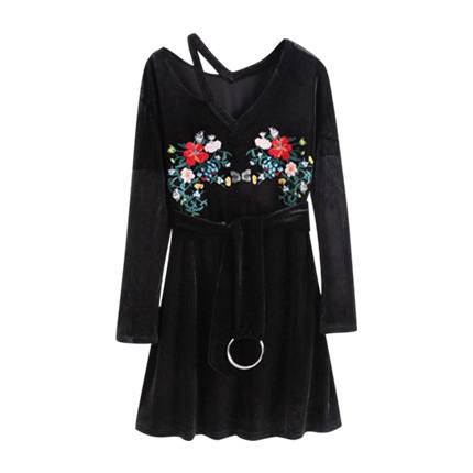 shop online Cut Out Detail Embroidery Velvet Dress shop online Cut Out Detail Embroidery Velvet Dress