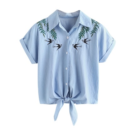 shop online Tie Front Swallows Embroidered Denim Shirt shop online Tie Front Swallows Embroidered Denim Shirt
