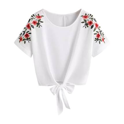 shop online SHEIN Flower Embroidery Knot Front Top shop online SHEIN Flower Embroidery Knot Front Top