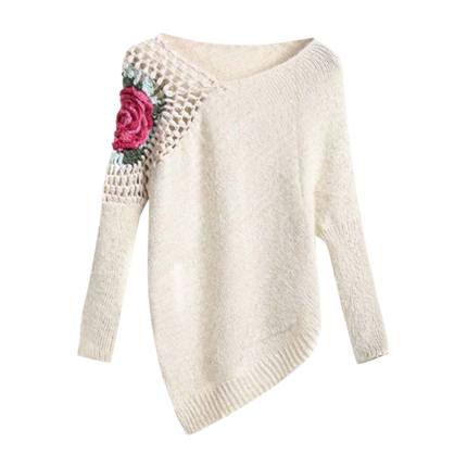shop online Apricot Round Neck Floral Crochet Loose Sweater shop online Apricot Round Neck Floral Crochet Loose Sweater