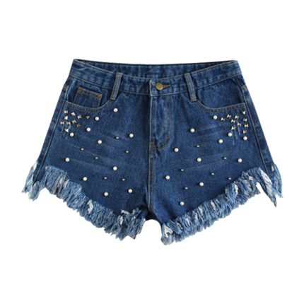 shop online Frayed Hem Faux Pearl Beading Denim Shorts shop online Frayed Hem Faux Pearl Beading Denim Shorts
