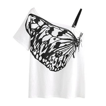 shop online Butterfly Print Oblique Shoulder Tee With Strap Detail shop online Butterfly Print Oblique Shoulder Tee With Strap Detail