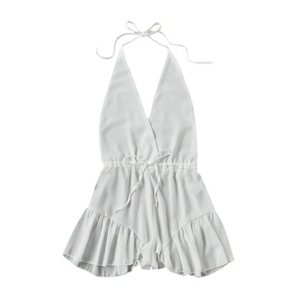 shop online Halter Neckline Wrap Front Drawstring Waist Romper shop online Halter Neckline Wrap Front Drawstring Waist Romper