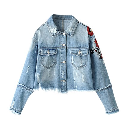 shop online Flower Embroidery Frayed Detail High Low Denim Jacket shop online Flower Embroidery Frayed Detail High Low Denim Jacket