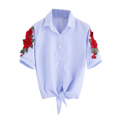 shop online Embroidered Appliques Pinstripe Knot Hem Blouse shop online Embroidered Appliques Pinstripe Knot Hem Blouse