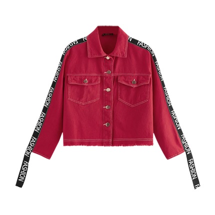 shop Button Up Flap Pocket Letter Tape Crop Jacket online shop Button Up Flap Pocket Letter Tape Crop Jacket online
