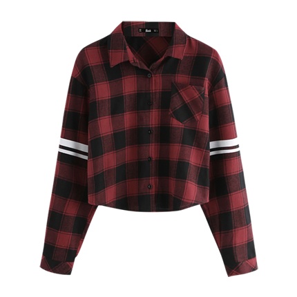 shop Single Pocket Striped Sleeve Curved Hem Checkered Shirt online shop Single Pocket Striped Sleeve Curved Hem Checkered Shirt online