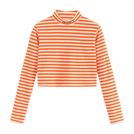 shop Letter Embroidered Mock Neck Stripe Ribbed Top online shop Letter Embroidered Mock Neck Stripe Ribbed Top online
