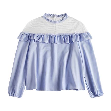 shop Mesh Yoke Striped Ruffled Blouse online shop Mesh Yoke Striped Ruffled Blouse online