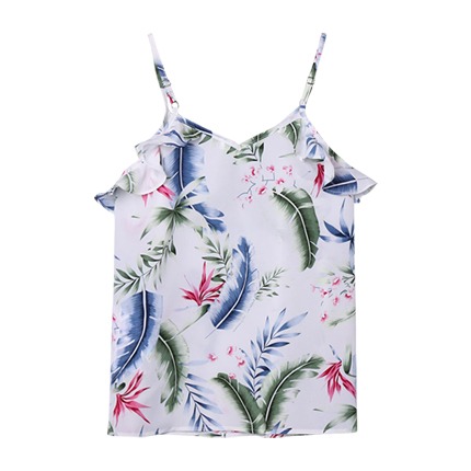 shop Tropical Leaf Print Falbala Trim Tank Top online shop Tropical Leaf Print Falbala Trim Tank Top online