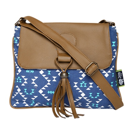 shop Kanvas Katha Blue & Brown Printed Sling Bag with Tassel online shop Kanvas Katha Blue & Brown Printed Sling Bag with Tassel online