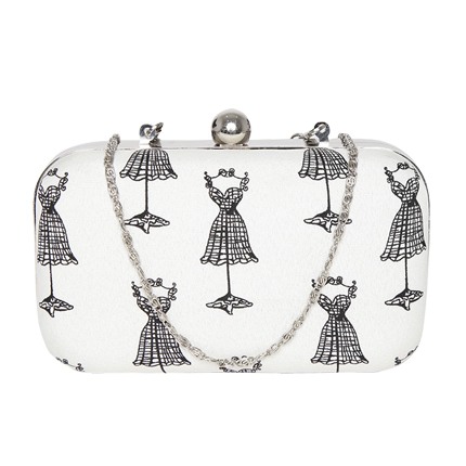 shop online Hepburnette Off-White & Black Printed Box Clutch with Chain Strap shop online Hepburnette Off-White & Black Printed Box Clutch with Chain Strap