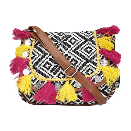 shop Kanvas Katha Off-White & Black Embroidered Tassel Sling Bag online shop Kanvas Katha Off-White & Black Embroidered Tassel Sling Bag online