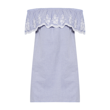 shop DOROTHY PERKINS Women Blue Off-Shoulder Chambray A-Line Dress online shop DOROTHY PERKINS Women Blue Off-Shoulder Chambray A-Line Dress online