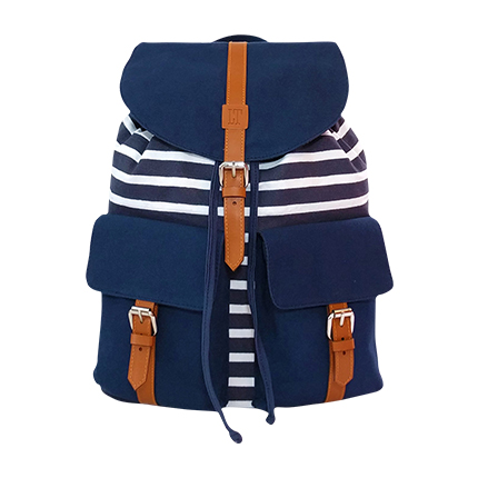 navy blue and white striped backpack